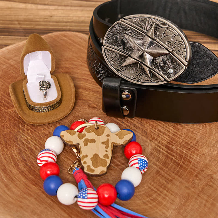 Star DIY Hidden Knife Belt Buckle Necklace American Flag Bracelet Bundle Set - Star - Black Embossed Eagle Belt - 42 - image 3