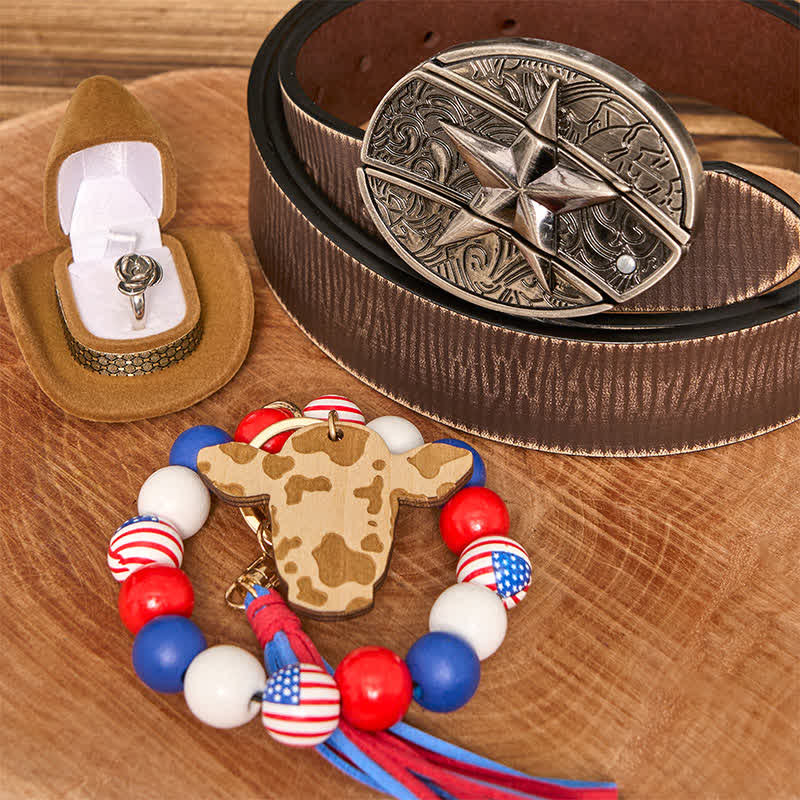 Star DIY Hidden Knife Belt Buckle Necklace American Flag Bracelet Bundle Set - Star - Brown Distressed Belt - 42 - image 0