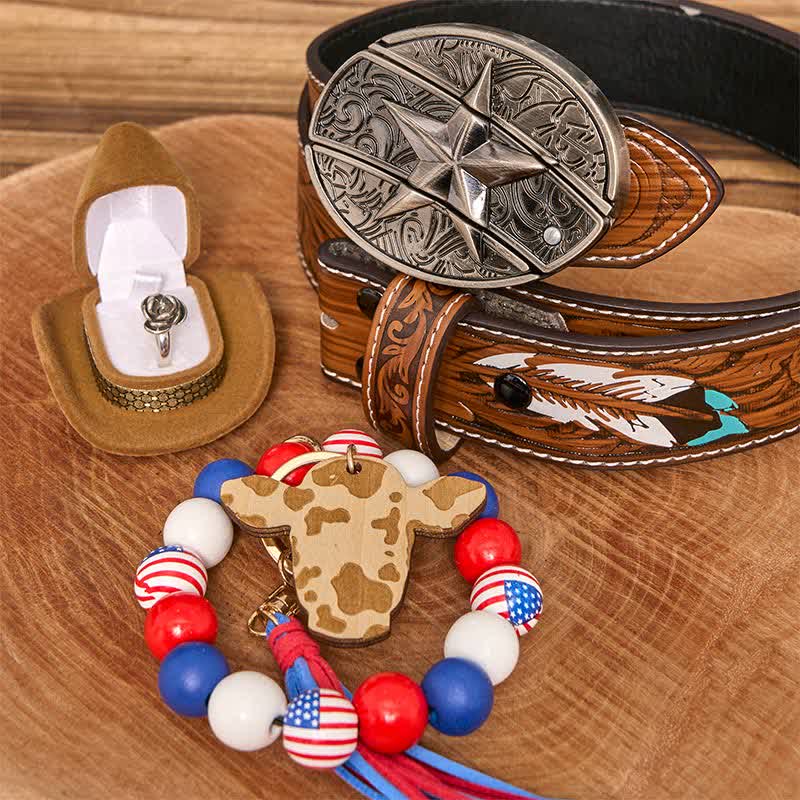 Star DIY Hidden Knife Belt Buckle Necklace American Flag Bracelet Bundle Set - Star - Brown Feather Belt - 40 - image 7