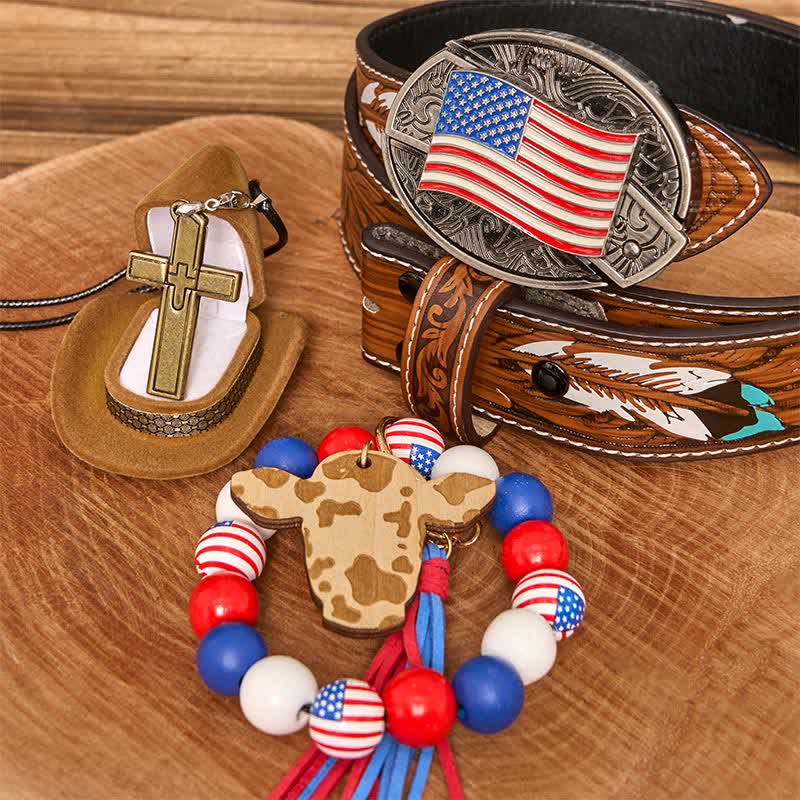 American Flag DIY Hidden Knife Belt Buckle Bracelet Cross Necklace Bundle Set - American Flag - Brown Feather Belt - 40 - image 7