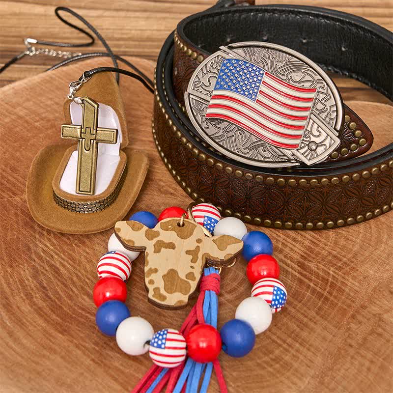 American Flag DIY Hidden Knife Belt Buckle Bracelet Cross Necklace Bundle Set - American Flag - Brown Rivet Belt - 42 - image 4