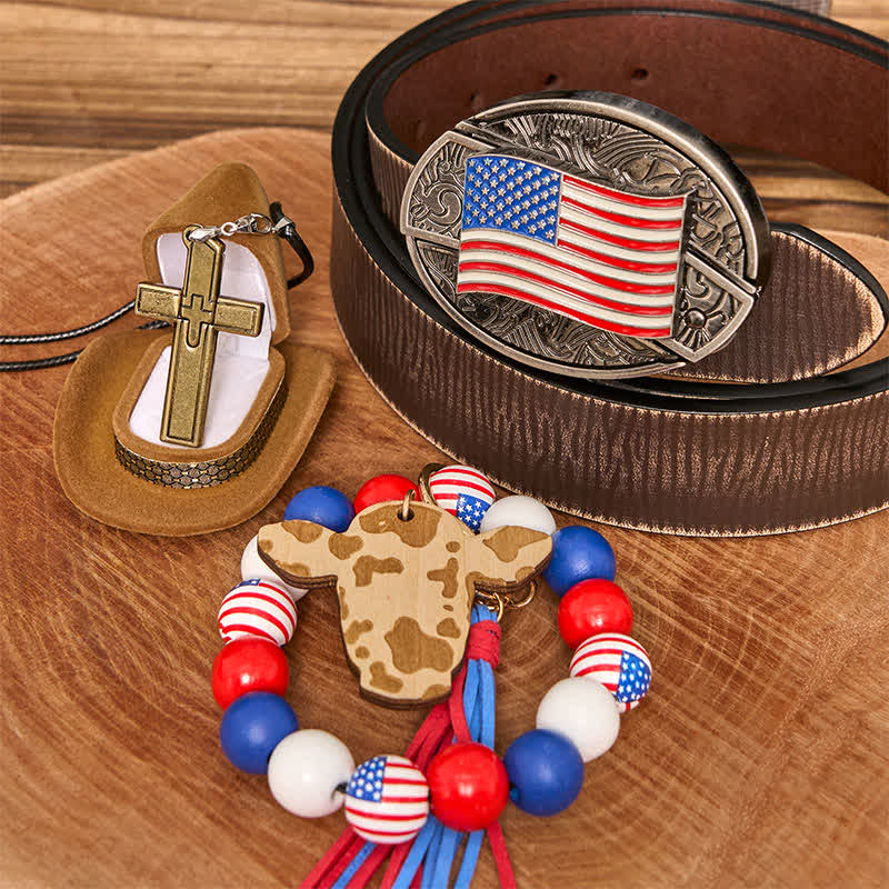 American Flag DIY Hidden Knife Belt Buckle Bracelet Cross Necklace Bundle Set - American Flag - Brown Distressed Belt - 42 - image 5