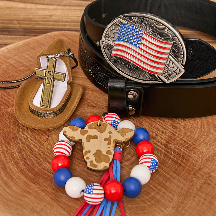 American Flag DIY Hidden Knife Belt Buckle Bracelet Cross Necklace Bundle Set - American Flag - Black Embossed Eagle Belt - 42 - image 0