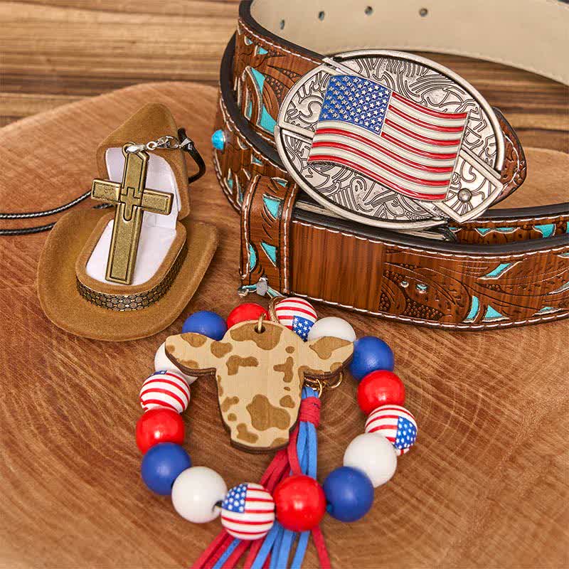 American Flag DIY Hidden Knife Belt Buckle Bracelet Cross Necklace Bundle Set - American Flag - Turquoise Carved Belt - 42 - image 3