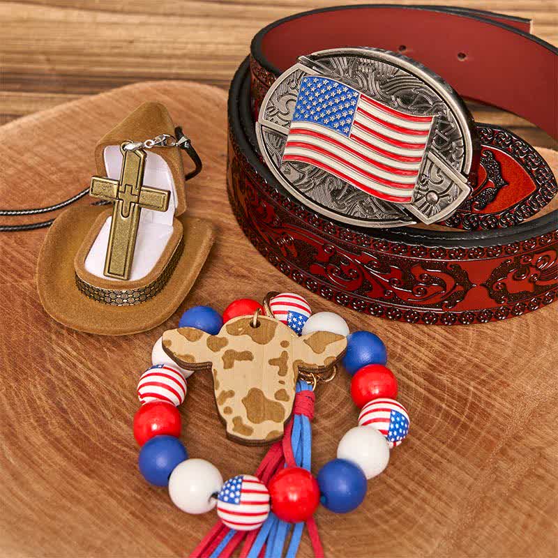 American Flag DIY Hidden Knife Belt Buckle Bracelet Cross Necklace Bundle Set - American Flag - Brown Carved Belt - 42 - image 6