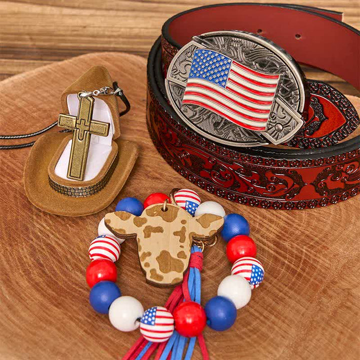 American Flag DIY Hidden Knife Belt Buckle Bracelet Cross Necklace Bundle Set - American Flag - Brown Carved Belt - 42 - image 6