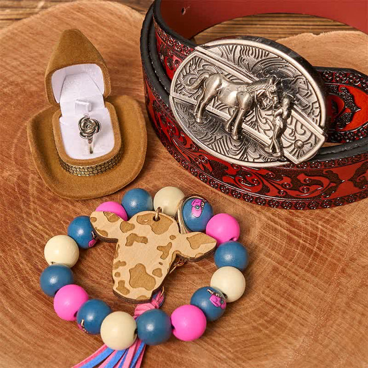 Cowgirl DIY Hidden Knife Belt Buckle Wood Beaded Bracelet Bundle Set - Cowgirl - Brown Carved Belt - 42 - image 6