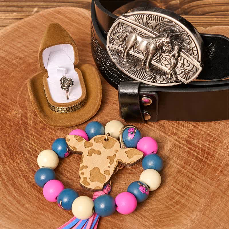 Cowgirl DIY Hidden Knife Belt Buckle Wood Beaded Bracelet Bundle Set - Cowgirl - Black Embossed Eagle Belt - 42 - image 3