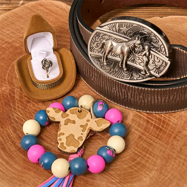 Cowgirl DIY Hidden Knife Belt Buckle Wood Beaded Bracelet Bundle Set - Cowgirl - Brown Distressed Belt - 42 - image 0