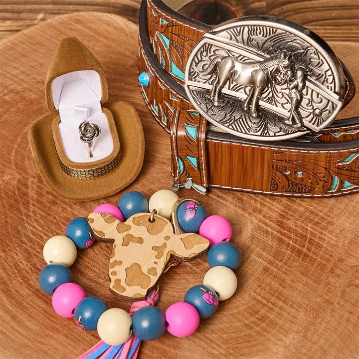 Cowgirl DIY Hidden Knife Belt Buckle Wood Beaded Bracelet Bundle Set