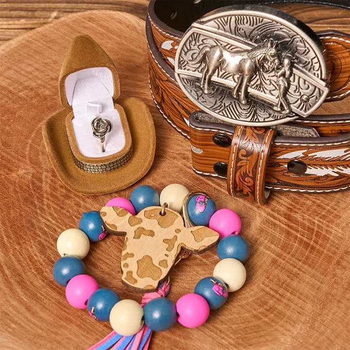 Cowgirl DIY Hidden Knife Belt Buckle Wood Beaded Bracelet Bundle Set