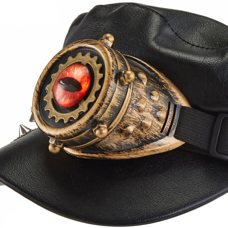 Steampunk Gear Goggler Black Leather Beret Hat