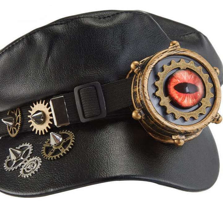 Steampunk Gear Goggler Black Leather Beret Hat
