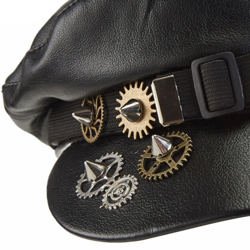 Steampunk Gear Goggler Black Leather Beret Hat