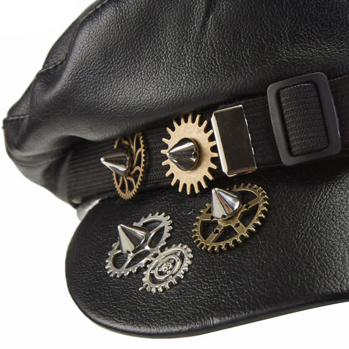 Steampunk Gear Goggler Black Leather Beret Hat