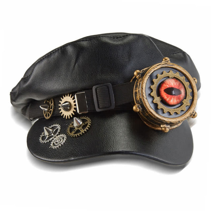 Steampunk Gear Goggler Black Leather Beret Hat