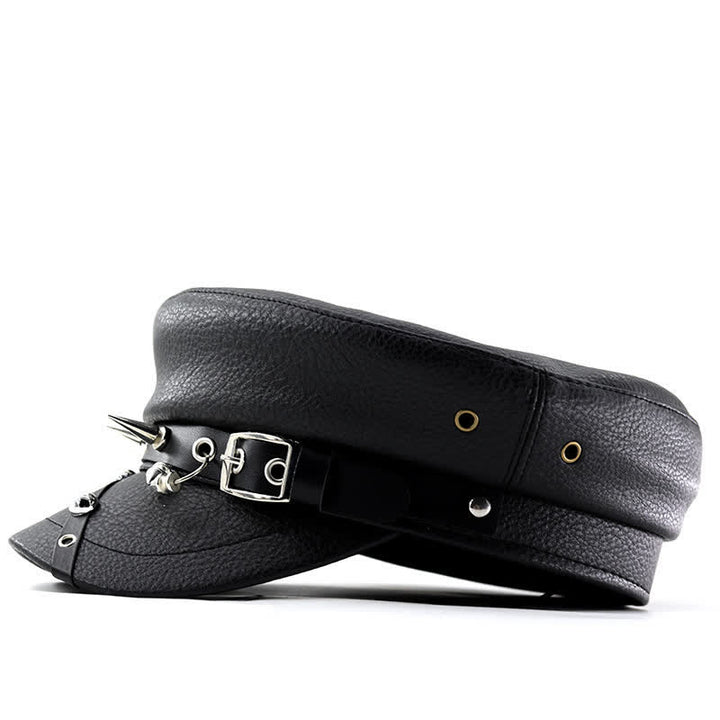 Women's Punk Rivet Navy Cap Black Leather Beret Hat