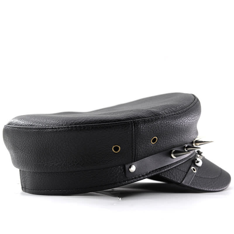 Women's Punk Rivet Navy Cap Black Leather Beret Hat