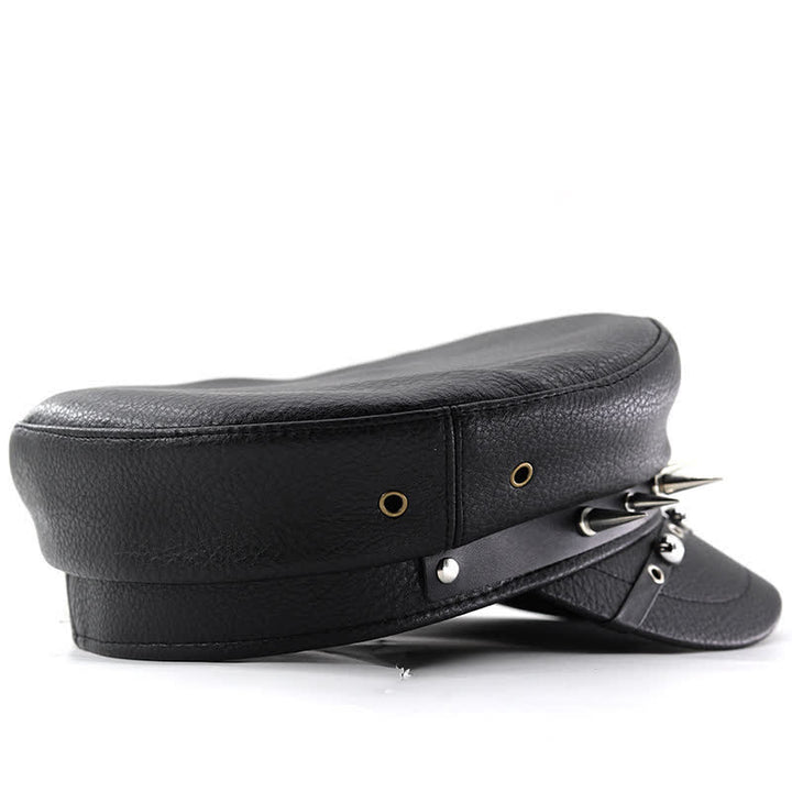 Women's Punk Rivet Navy Cap Black Leather Beret Hat
