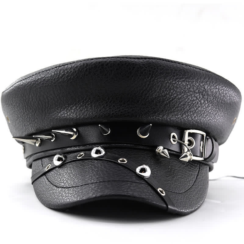 Women's Punk Rivet Navy Cap Black Leather Beret Hat