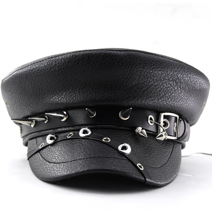 Women's Punk Rivet Navy Cap Black Leather Beret Hat