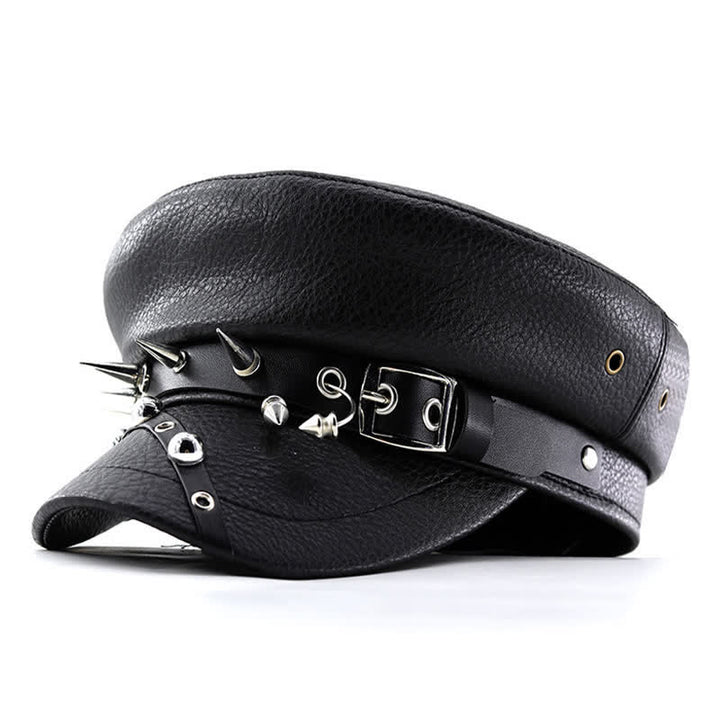Women's Punk Rivet Navy Cap Black Leather Beret Hat - Black - M (22"-22 7/8") - image 0