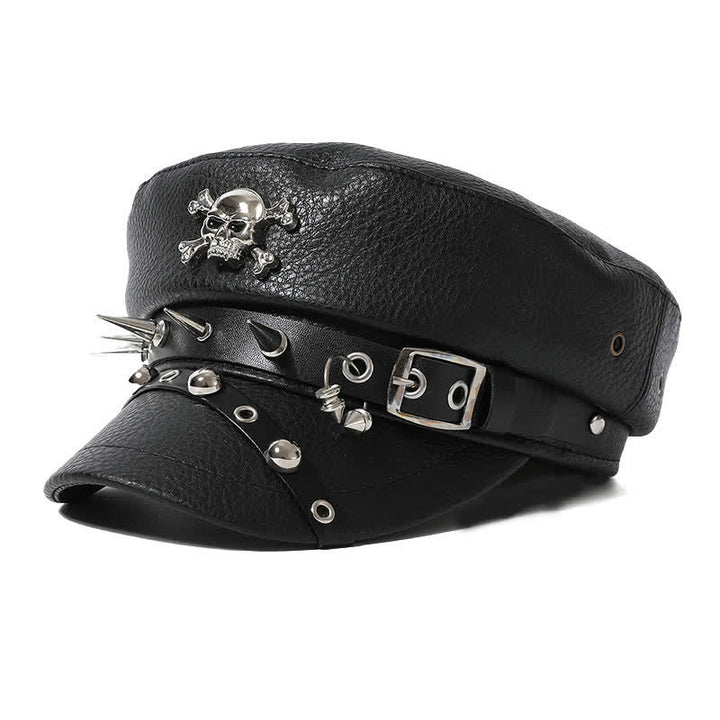 Women's Stylish Skull Rivet Navy Cap Black Leather Beret Hat