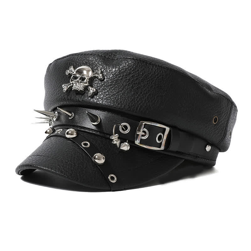 Women's Stylish Skull Rivet Navy Cap Black Leather Beret Hat - Black - M (22"-22 7/8") - image 0