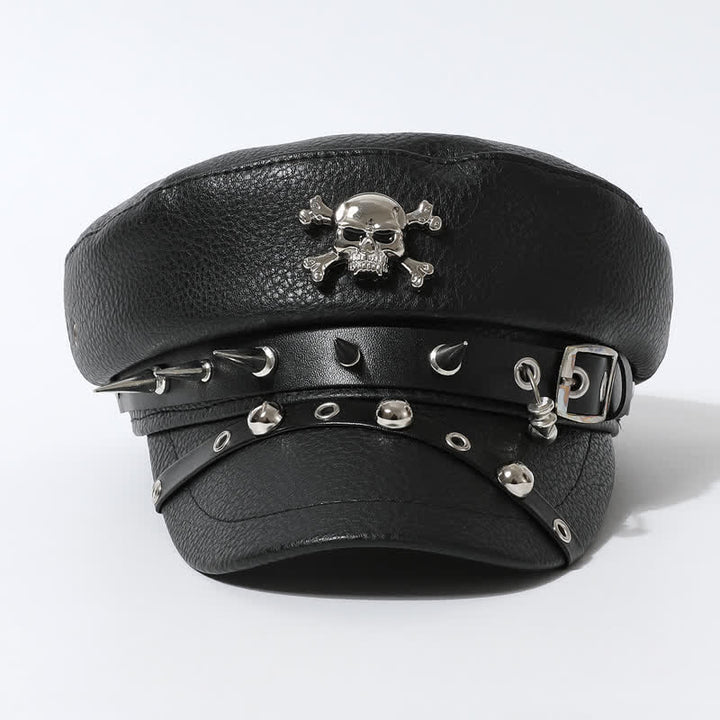 Women's Stylish Skull Rivet Navy Cap Black Leather Beret Hat