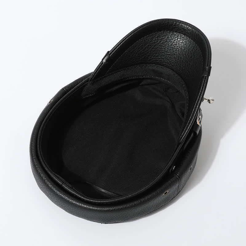 Women's Stylish Skull Rivet Navy Cap Black Leather Beret Hat