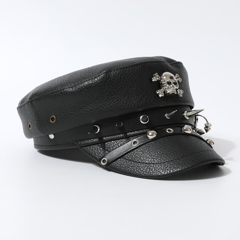 Women's Stylish Skull Rivet Navy Cap Black Leather Beret Hat