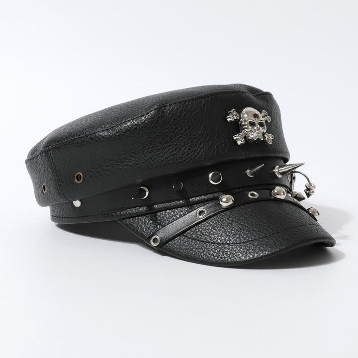 Women's Stylish Skull Rivet Navy Cap Black Leather Beret Hat