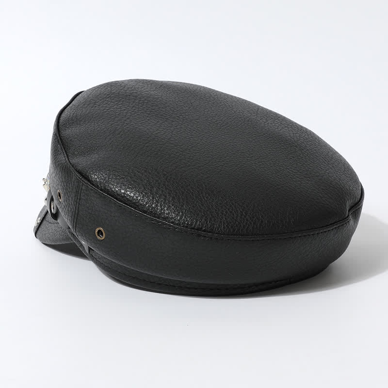 Women's Stylish Skull Rivet Navy Cap Black Leather Beret Hat