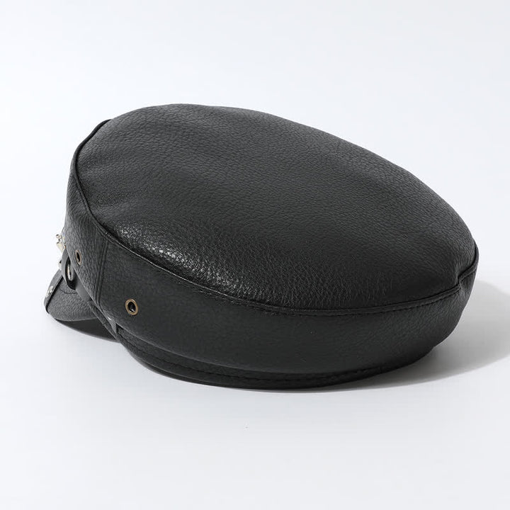Women's Stylish Skull Rivet Navy Cap Black Leather Beret Hat