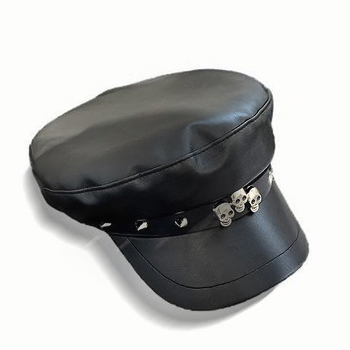 Unisex Dark Style Skull Studded Leather Beret Hat