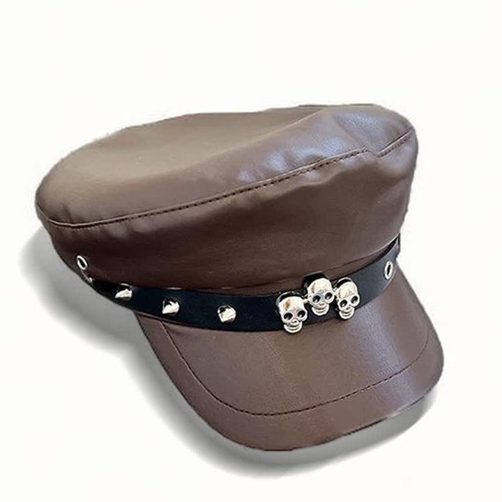 Unisex Dark Style Skull Studded Leather Beret Hat