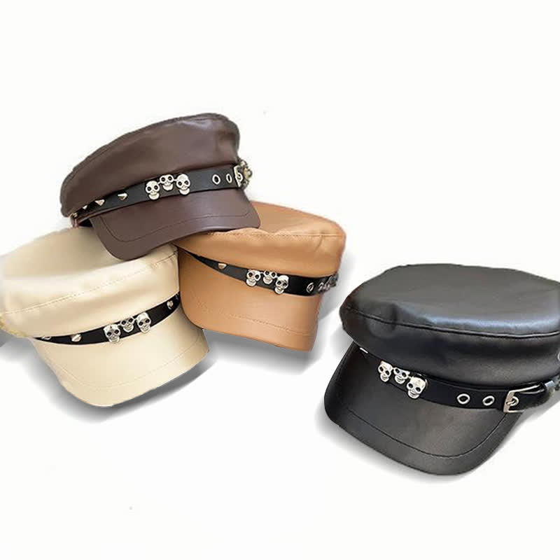 Unisex Dark Style Skull Studded Leather Beret Hat