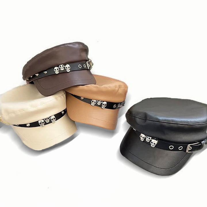 Unisex Dark Style Skull Studded Leather Beret Hat