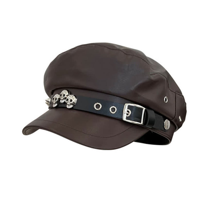 Unisex Dark Style Skull Studded Leather Beret Hat - Coffee - M (22"-22 7/8") - image 0