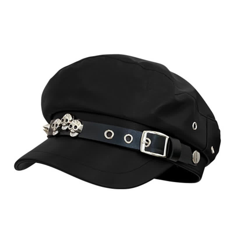 Unisex Dark Style Skull Studded Leather Beret Hat - Black - M (22"-22 7/8") - image 4