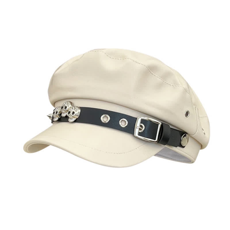 Unisex Dark Style Skull Studded Leather Beret Hat - Ivory - M (22"-22 7/8") - image 7