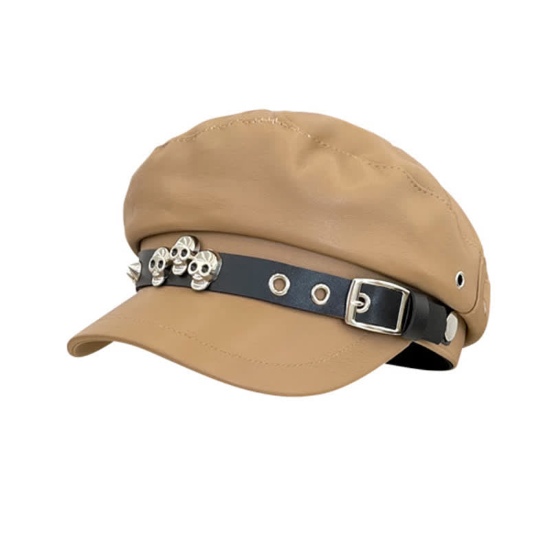 Unisex Dark Style Skull Studded Leather Beret Hat - Khaki - M (22"-22 7/8") - image 11