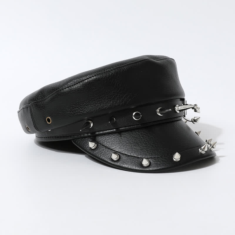 Hip-Hop Style Heart Studded Rivet Black Leather Beret Hat