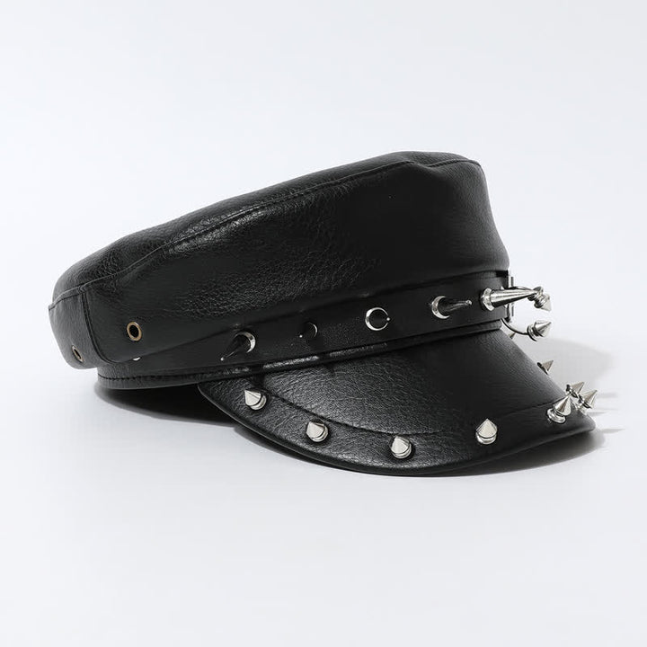 Hip-Hop Style Heart Studded Rivet Black Leather Beret Hat