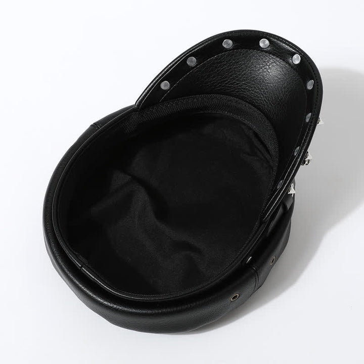 Hip-Hop Style Heart Studded Rivet Black Leather Beret Hat - image 3