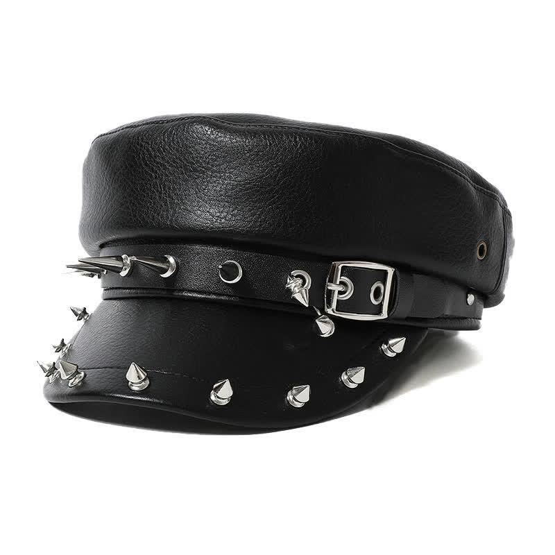 Hip-Hop Style Heart Studded Rivet Black Leather Beret Hat