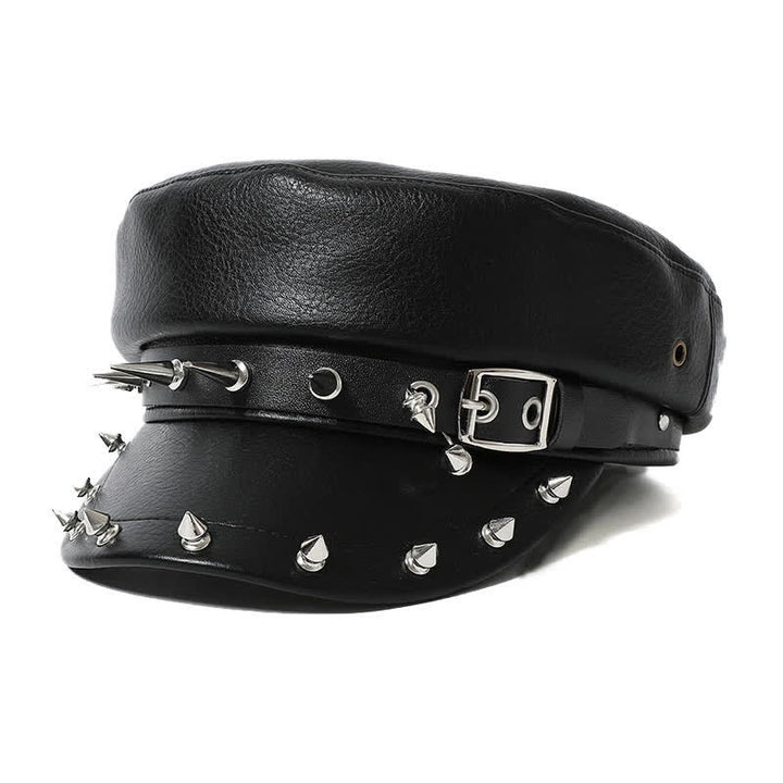 Hip-Hop Style Heart Studded Rivet Black Leather Beret Hat - Style #2 - M (22"-22 7/8") - image 1