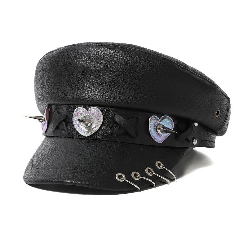 Hip-Hop Style Heart Studded Rivet Black Leather Beret Hat - Style #1 - M (22"-22 7/8") - image 0
