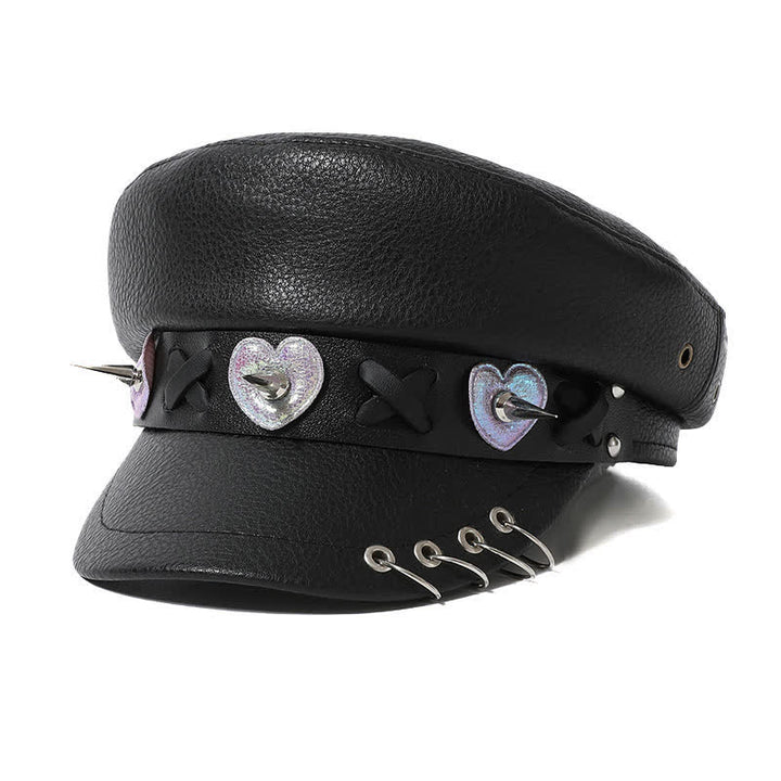 Hip-Hop Style Heart Studded Rivet Black Leather Beret Hat