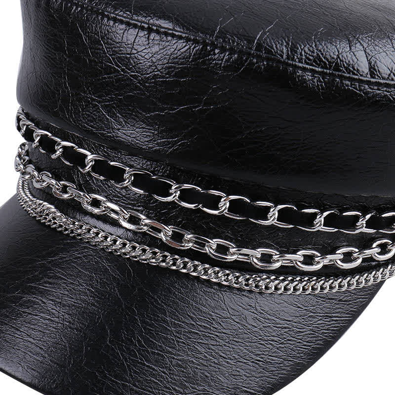 Women's Decorated Chain Flat Top Black Leather Beret Hat